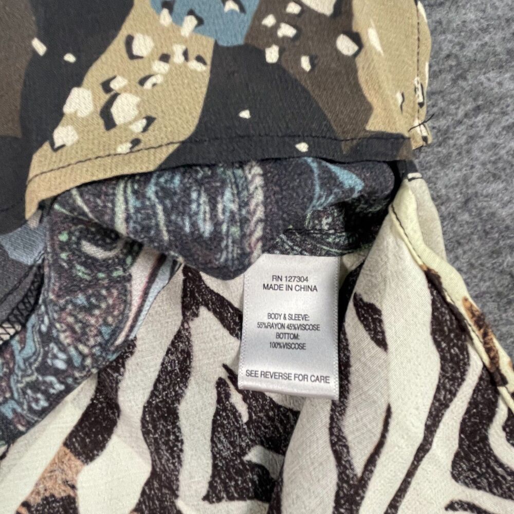 John Mark PM Mixed Print Patchwork Tunic Roll Tab Button Down Blouse Bird Artsy - Picture 7 of 14